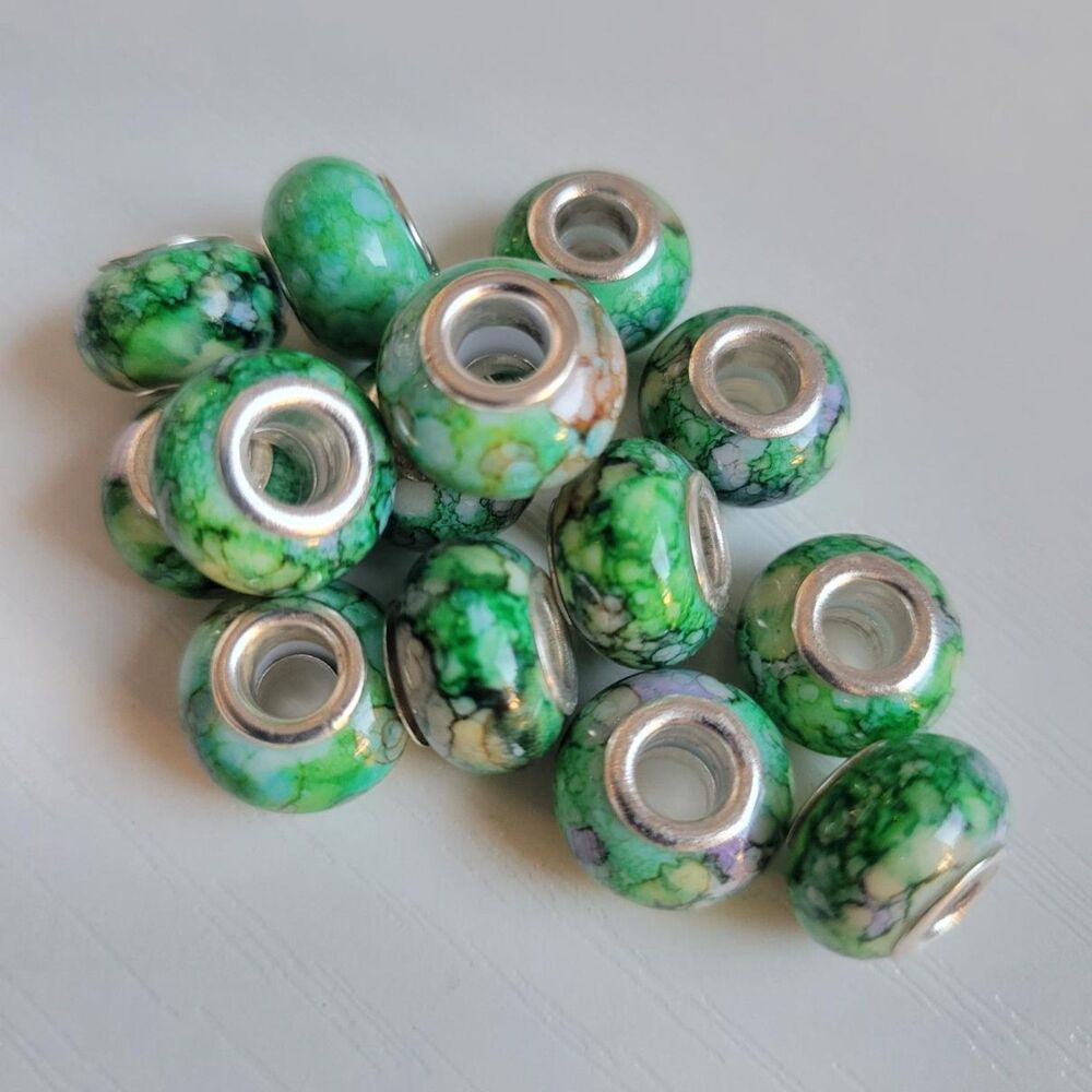 NWT! For Pandora 16 Green And Silver Watercolor Large Hole European Charm Beads